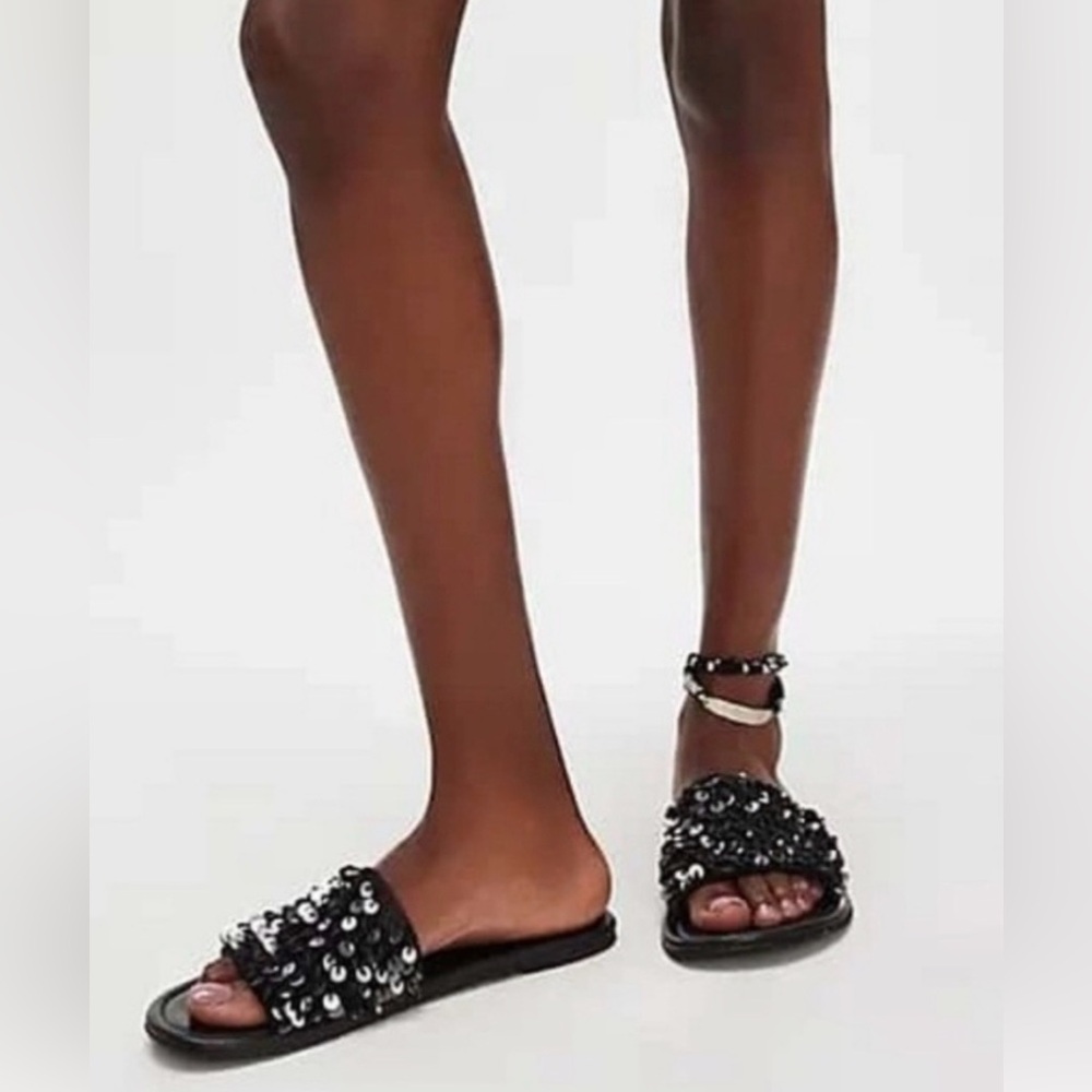 Free People Shipwreck Surf Slide Black and Silver Sequined Sandals Size 7